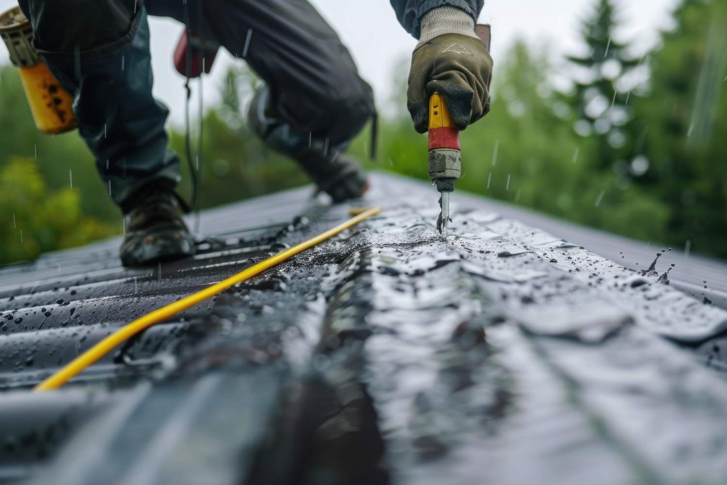 Person in work clothes and gloves drilling into a wet, dark gray metal roof during a light rain.