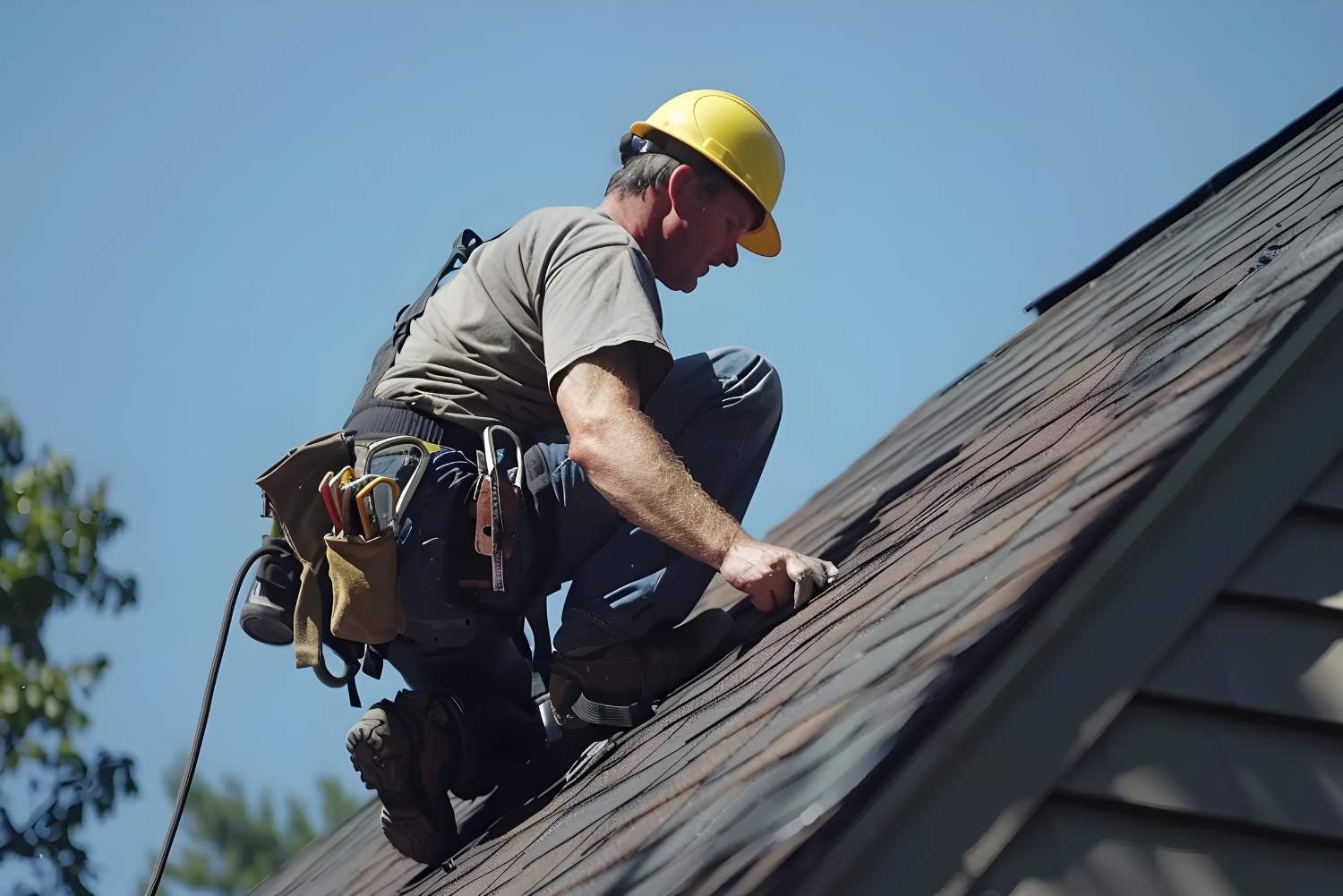 Roofer in a yellow hard hat and safety harness, crouching on a brown shingle roof, repairing it.