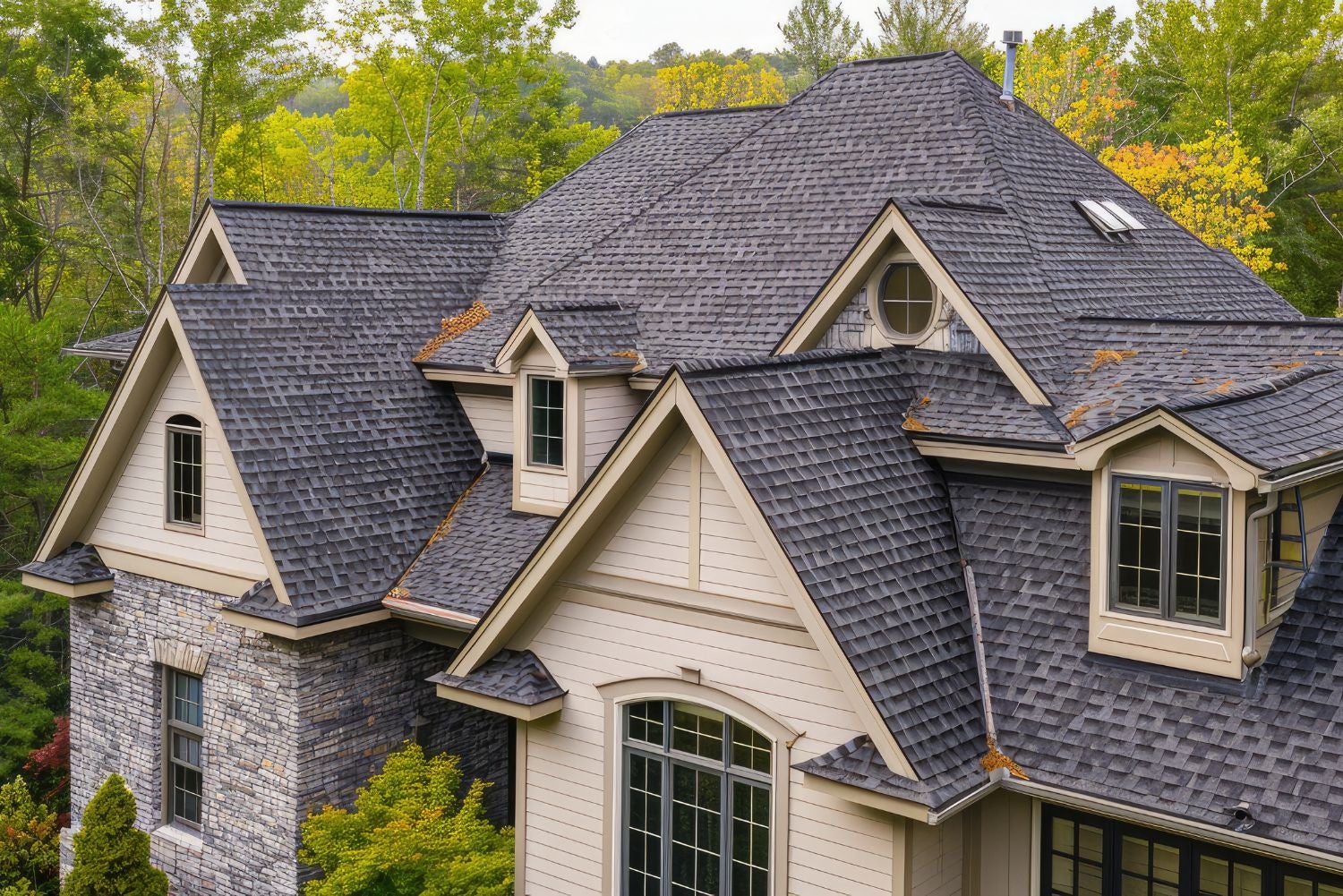 Overhead view of a house with dark gray shingles, dormer windows, surrounded by green and yellow trees.